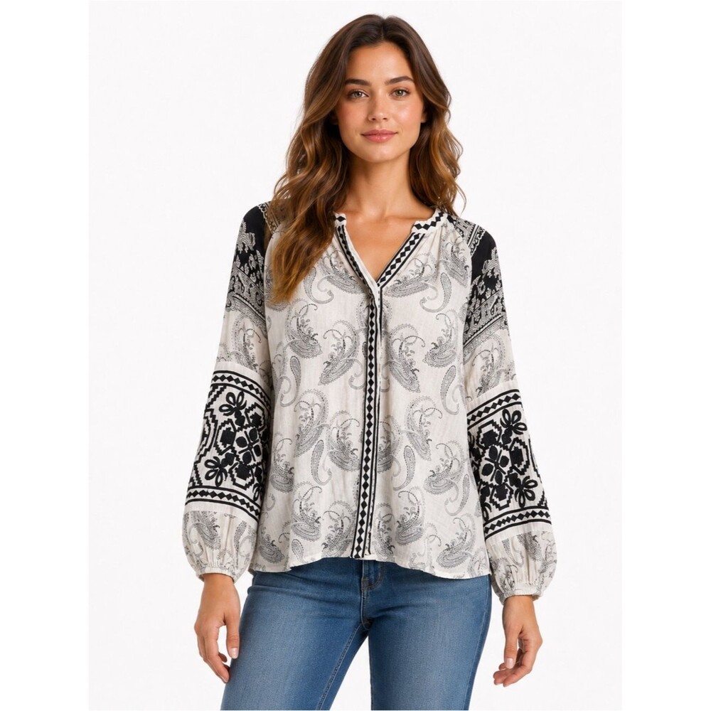Tolani Cadence Paisley Embroidered Blouse Medium Black Ivory Boho Peasant Top